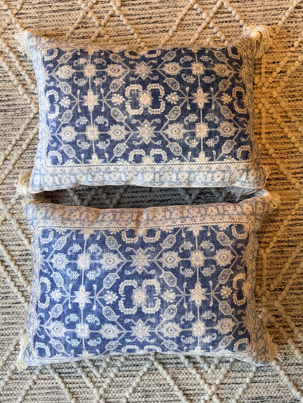 Set of 2 Blue Ivory Vintage Floral Lumbar Throw Pillows 13x19 Tassels